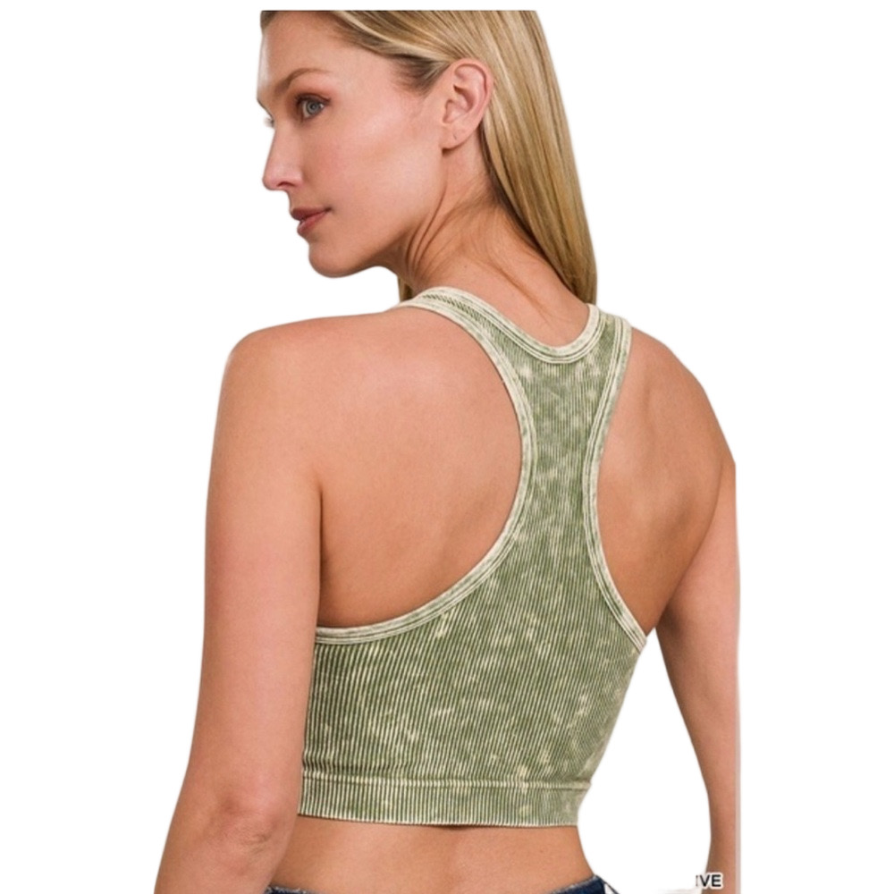 Zenana Ribbed Padded V-Neck Ash Olive Brami NWT - Picture 2 of 3